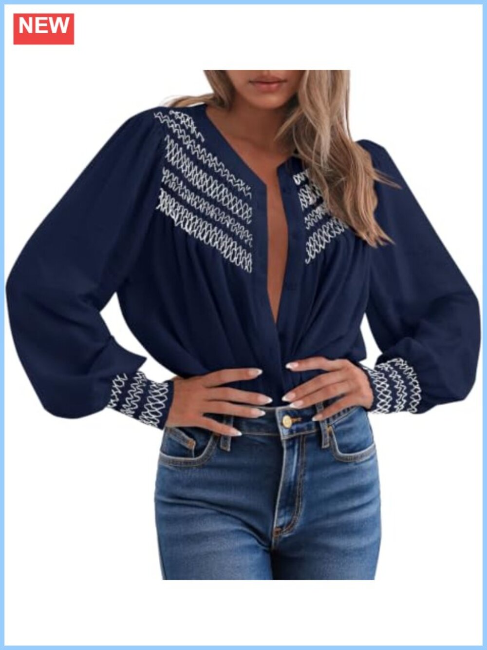Long Sleeve Button Down Blouse Smocked Front Cuffs - Picture 1 of 6